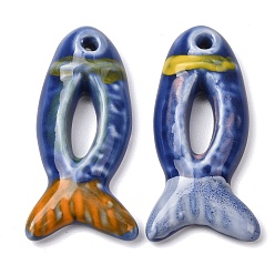 Blue Handmade Porcelain Big Pendants, Hand Painted, Famille Rose Porcelain, Fish Charms, Blue, 65x32x10mm, Hole: 5.5mm