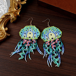 Средний Бирюзовый Серьги-подвески из стеклянных бусин в богемном стиле, медуза, средне бирюзовый, 55x12 мм