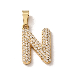 Letter N 304 Stainless Steel Micro Pave Clear Cubic Zirconia Pendants, Letter Charms, Golden, Ion Plating(IP), Letter N, 18x12x2.5mm, Hole: 6x2.5mm