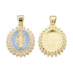 Light Sky Blue Brass Micro Pave Clear Cubic Zirconia Pendants, with Enamel and Shell, Golden, Nickel Free, Oval with Saint, Light Sky Blue, 19.5x14.5x4mm, Hole: 3x4mm