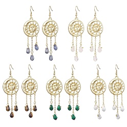 Mixed Stone Mixed Gemstone Chip & Alloy Dangle Earrings, Moon & Sun Tassel Earrings for Women, 84x26mm