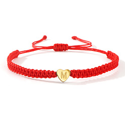 Letter M 304 браслеты из плетеных бусин в форме сердца из нержавеющей стали с буквами, регулируемые плетеные браслеты из нейлонового шнура для парной дружбы, золотые, Буква М, 7-7/8 дюйм (20 см), внутренний диаметр: 11 дюйм (28 см)