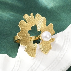 Настоящее золото 18K Латунь с абс пластиковыми перламутровыми кольцами для женщин, цветок, долговечный, без кадмия и без свинца, стойки покрытие, реальный 18 k позолоченный, 29.5x29.5 мм, внутренний диаметр: 15.5 мм