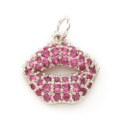 Платина Латунные микро проложить кубического циркония прелести, макияж прелести, с прыжковых колец, губа, красно-фиолетовые, платина, 11x11.5x3 мм, Перейти кольцо: 4x0.5 мм, отверстие : 2.5 мм