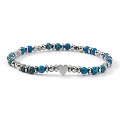 Имперская яшма Браслеты из круглых бусин из окрашенного натурального синего императорского яшмы, Украшения для женщин из синтетических немагнитных гематитовых бусин., сердце, 6.89 дюйм (17.5 см)