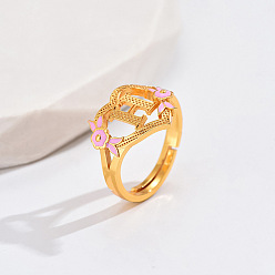 Letter H Регулируемые кольца для пальцев с латунным жемчугом и розовой эмалью в форме сердца и цветка, без кадмия, без никеля и без свинца, золотые, Письмо ч, 14 мм, внутренний диаметр: 17 мм