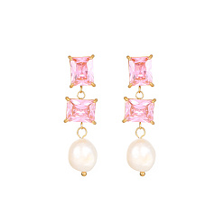 Pink Boucles d'oreilles carrées en verre, boucles d'oreilles pendantes en perles naturelles avec 304 épingles en acier inoxydable, rose, 40mm