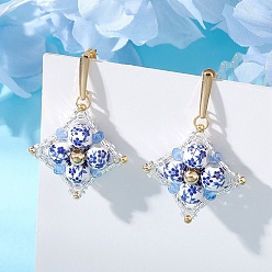 Золотой Серьги-подвески ручной работы из фарфора с цветочным принтом., звезда, с 304 фурнитурой для сережек из нержавеющей стали и латуни, золотые, 48x32 мм