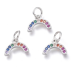 Платинированный Латунные микропаве прозрачные подвески с фианитом, с прыжковых колец, полукруг, Реальная платина, 7.5x11x1.5 мм, отверстие : 3.5 мм