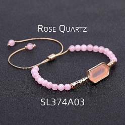 Rose Quartz Natural Rose Quartz Hexagon Link Bracelet, Braided Bead Adjustable Bracelet, 5-7/8~11 inch(15~28cm)