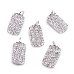 Platinum Brass Micro Pave Cubic Zirconia Pendants, with Jump Rings, Rectangle, Clear, Platinum, 16x9x1.5mm, Hole: 3.5mm