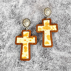 Шампанско-Желтый Серьги-гвоздики в виде пасхального креста, с фурнитурой для сережек из сплава, платина, шампанское желтый, 72 мм
