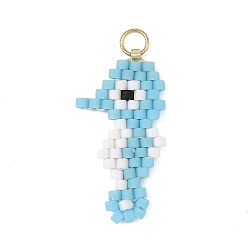 Bleu Ciel Pendentifs en perles de verre, charme hippocampe, avec 304 anneaux de saut ouverts en acier inoxydable, bleu ciel, 23x12x2mm, Trou: 3mm