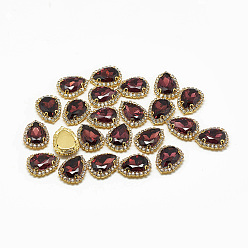 Бургундия Шить на горный хрусталь, многожильных ссылки, стеклянные стразы, с латунной фурнитурой , аксессуары для одежды, слеза, золотые, Бургундия, 19x14.5x7 мм, отверстие : 1 мм