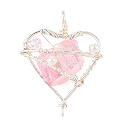 Pink Colgantes envueltos en alambre de cobre de cuarzo natural galvanizado, Colgantes en forma de corazón con cuentas de cristal austriaco de imitación, el color plateado de plata, rosa, 33x26x14 mm, agujero: 3.5 mm