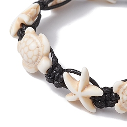 Floral White Synthetic Turquoise Starfish & Turtle Braided Bead Bracelet, with Polyester Cord, Floral White, Inner Diameter: 2-1/4~3-1/8 inch(5.8~8.05cm)