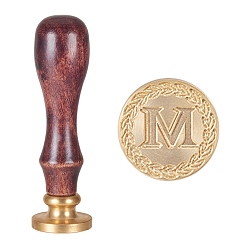 Letter M DIY Letter Scrapbook Brass Wax Seal Stamps and Wood Handle, Peace Letter Pattern, Flat Round, Light Gold, Letter.M, 89x25.5mm