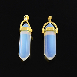 Golden Opalite Pendants, with Alloy Findings, Golden, 40~42x13.5x10mm, Hole: 2mm