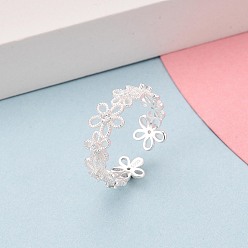Серебро 925 открытые кольца-манжеты из стерлингового серебра с микропаве из прозрачных кубических цирконий для женщин, цветок, с печатью s925, серебряные, 7.5 мм, размер США 7 1/4 (17.5 мм)