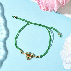 Зеленый Стеклянные бусины браслеты в форме сердца, плетеные браслеты из нейлонового шнура для женщин, зелёные, внутренний диаметр: 2-7/8 дюйм (7.4 см)