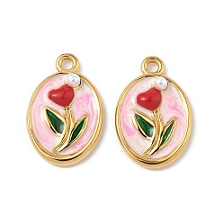 Pink 304 нержавеющей стальной эмали подвески, с пластмассовой жемчужиной abs, овал с цветочными подвесками, ионное покрытие (ip), розовые, 20.5x13.5x3 мм, отверстие : 1.5 мм