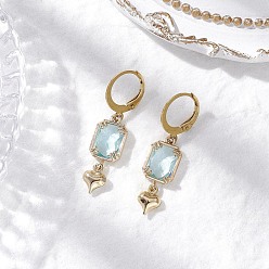 Аква Стеклянные серьги с защелкой, 304 из нержавеющей стали выводы Leverback серьги, Прямоугольник с сердцем, золотые, вода, 36x9 мм