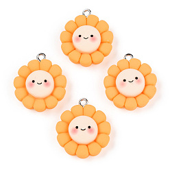 Цветок Непрозрачные подвески смолы, мультяшные подвески с железными петлями с платиновым покрытием, цветок с улыбающимся лицом, 24.5x21x7 мм, отверстие : 2 мм