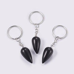 Black Agate Natural Black Agate Keychain, with Iron Key Rings, Platinum, teardrop, 80.5mm, Pendant: 33.5x15.5mm
