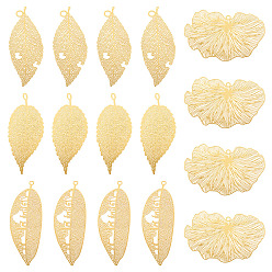 Настоящее золото 18K 16шт 4 стили латунные филигранные большие подвески, лист, гравированные металлические украшения, реальный 18 k позолоченный, 48~48.5x28.5~32x0.3 мм, отверстие : 1.8~4.5 мм, 4 шт / стиль
