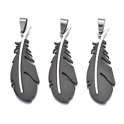 Gunmetal Ion Plating(IP) 201 Stainless Steel Pendants, Laser Cut, Feather, Gunmetal, 49x17.5x1mm, Hole: 4x7.5mm