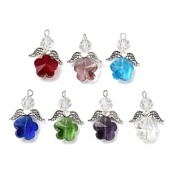 (52) Непрозрачная лаванда Прозрачные стеклянные подвески, цветок, с крылом из сплава и бусиной из искусственного австрийского хрусталя и 304 петлей из нержавеющей стали, граненые, разноцветные, 28.5x20.5x9 мм, отверстие : 2.5 мм