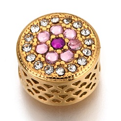 Розовый 304 из нержавеющей стали европейские шарики, бусины с большим отверстием, со стразами, колонна с цветком и сердцем, античное серебро, светло-розовый, 12x8 мм, отверстие : 4 мм