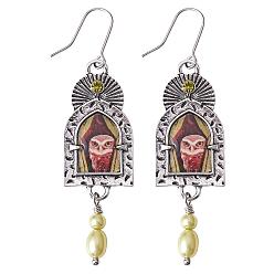 Antique Silver Arch with Owl Dangle Earrings with Enamel, Alloy Jewelry for Women, Antique Silver, 61x16.2mm