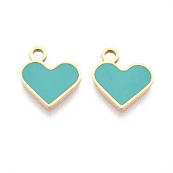 Светлый Морско-зеленый 304 из нержавеющей стали шармы эмали, шарма сердца, реальный 14 k позолоченный, светло-зеленый, 13x11.5x1 мм, отверстие : 1.8 мм