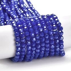 Blue Electroplate Opaque Glass Beads Strands, Faceted(32 Facets), Pearl Luster Plated, Round, Blue, 4mm, Hole: 0.7mm, about 88~95pcs/strand, 12.99~14.06 inch(33~35.7cm)