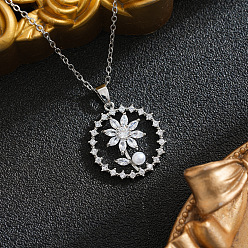 Silver Brass Pave Clear Cubic Zirconia Ring with Flower Pendant 201 Stainless Steel Cable Chain Necklaces for Women, Ion Plating(IP), Silver, 15.75 inch(40cm)