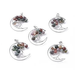 (RRHB277) Кристалл на подкладке из медово-бежевого цвета Естественно индийский агат большие кулоны, с латунной фурнитурой платинового цвета, луна с деревом, 50~53x41~43x8~10 мм, отверстие : 7x5 мм