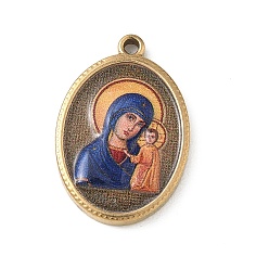 Настоящее золото 18K 304 Подвески из нержавеющей стали с религиозным принтом, овальная подвеска с узором "дева и дитя", ионное покрытие (ip), реальный 18 k позолоченный, 23.5x16x3 мм, отверстие : 1.8 мм