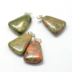 Unakite Trapezoid Natural Unakite Pendants, with Platinum Tone Brass Findings, 24~25.5x16.5~17x5~6mm, Hole: 2x7mm
