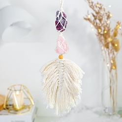 Розовый Кварц Хлопковый мешочек макраме в форме пера подвесные украшения, с натуральным розовым кварцем и турмалинами цветков сливы, 400~450 мм