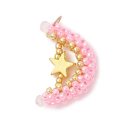 Pink Стеклянные подвески из бисера, звезды и луна, с 304 кольцами из нержавеющей стали и стеклом, граненые, розовые, 27x17.5x5 мм, отверстие : 3 мм