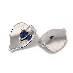 Real Platinum Plated Brass Pendants, with Glass, Heart Charms, Real Platinum Plated, 20x12x4mm, Hole: 1.4mm