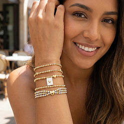 Golden & Stainless Steel Color 5Pcs 5 Styles 304 Stainless Steel Beads Stretch Bracelets, Braided Bead Bracelets & Brass Charm Bracelets Set for Women, Heart & Round, Golden & Stainless Steel Color, 6.89 inch(17.5cm)~11.02 inch(28cm)