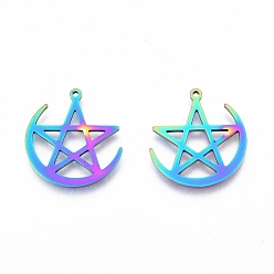 Rainbow Color Ion Plating(IP) 201 Stainless Steel Pendants, Moon with Star, Rainbow Color, 26.5x25x1.5mm, Hole: 1.4mm
