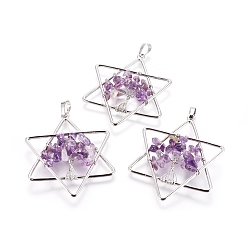 Amethyst Natural Amethyst Pendants, with Brass Findings, Star, Platinum, 52x43x5~6mm, Hole: 5x8mm
