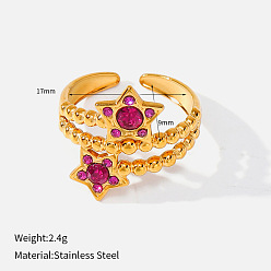 Red 304 Stainless Steel Micro Pave Cubic Zirconia Cuff Open Rings, Star, Golden, Red, 17mm