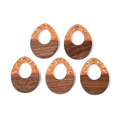 Темно-Оранжевый Подвески из непрозрачной смолы и орехового дерева, слезинки, с блестящей пудрой и золотой фольгой, темно-оранжевый, 37.5~38x28x3~4 мм, отверстие : 2 мм