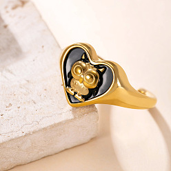 Black 304 Stainless Steel Enamel Cuff Open Rings, Heart & Owl, Golden, Black, US Size 4 1/4(15mm)~20mm