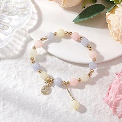 Белый Нефрит Натуральный белый нефрит имитация морганита бусины круглые браслеты из бисера, Браслеты с подвесками в виде ананаса из латуни с микропаве из кубических цирконий для женщин, внутренний диаметр: 2-1/4 дюйм (5.8 см)