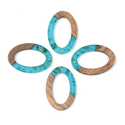 Dark Turquoise Transparent Resin & Walnut Wood Pendants, with Gold Foil, Oval, Dark Turquoise, 29x19.5x3mm, Hole: 1.8mm